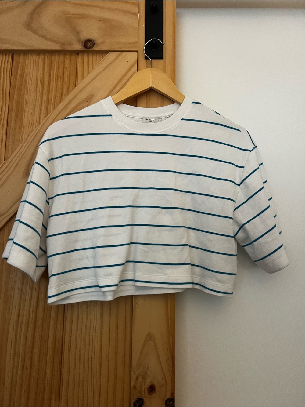 Babaton White Cropped Tee with Teal-Blue Stripes